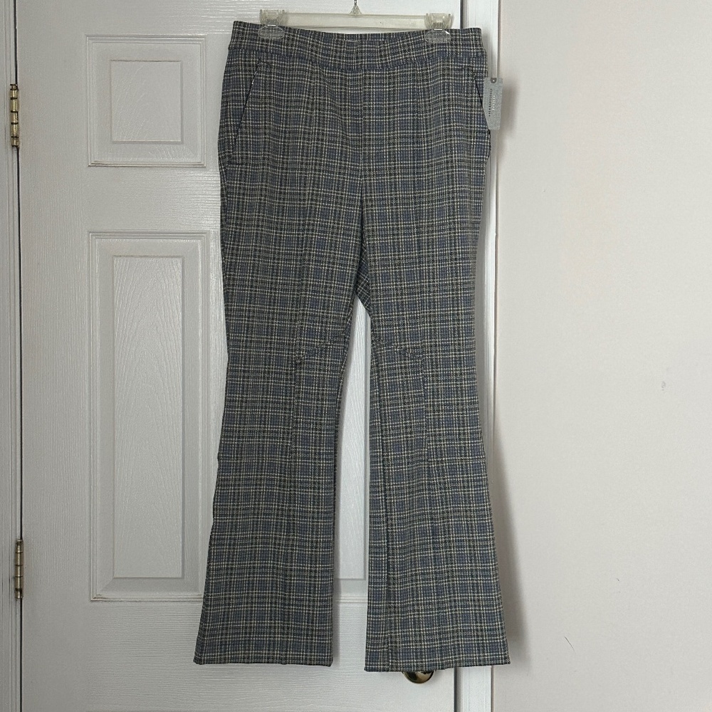 By Anthropologie Women's Plaid Petite Medium Pants Gray Grey Flare NEW